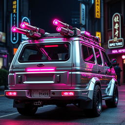 A sleek and shiny silver 1997 Subaru Sambar Japanese kei truck viewed from the rear side, featuring vibrant neon pink highlights