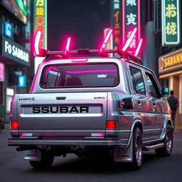 A sleek and shiny silver 1997 Subaru Sambar Japanese kei truck viewed from the rear side, featuring vibrant neon pink highlights