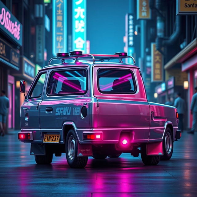 A sleek and shiny silver 1997 Subaru Sambar Japanese kei truck viewed from the rear side, featuring vibrant neon pink highlights