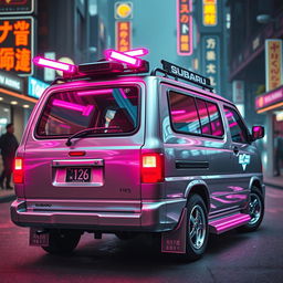 A sleek and shiny silver 1997 Subaru Sambar Japanese kei truck viewed from the rear side, featuring vibrant neon pink highlights