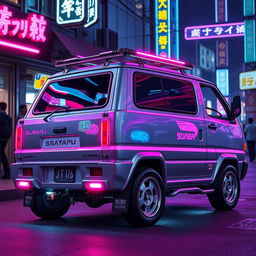 A sleek and shiny silver 1997 Subaru Sambar Japanese kei truck viewed from the rear side, featuring vibrant neon pink highlights