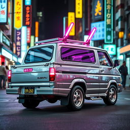 A sleek and shiny silver 1997 Subaru Sambar Japanese kei truck viewed from the rear side, prominently displaying vibrant neon pink highlights