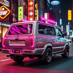 A sleek and shiny silver 1997 Subaru Sambar Japanese kei truck viewed from the rear side, prominently displaying vibrant neon pink highlights