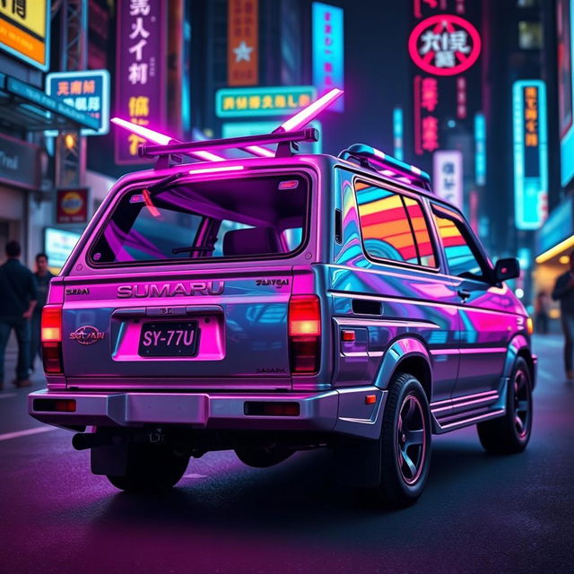 A sleek and shiny silver 1997 Subaru Sambar Japanese kei truck viewed from the rear side, prominently displaying vibrant neon pink highlights