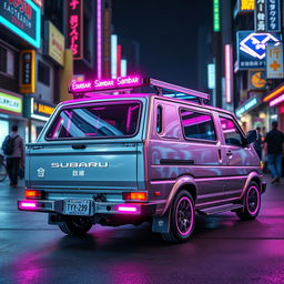 A sleek and shiny silver 1997 Subaru Sambar Japanese kei truck viewed from the rear side, prominently displaying vibrant neon pink highlights