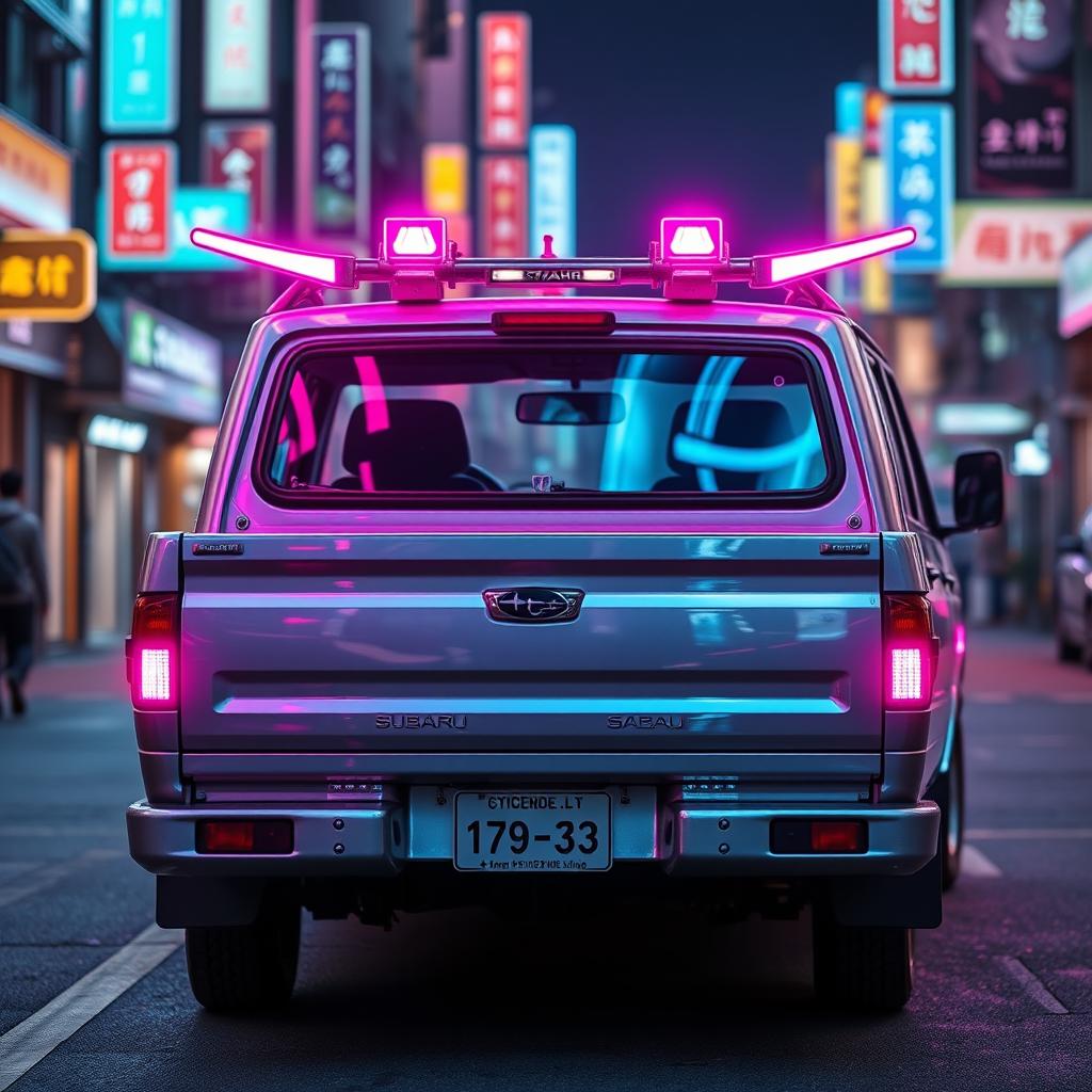 A sleek and shiny silver 1997 Subaru Sambar Japanese kei truck viewed from the rear side, featuring vibrant neon pink highlights