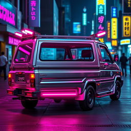 A sleek and shiny silver 1997 Subaru Sambar Japanese kei truck viewed from the rear side, featuring vibrant neon pink highlights