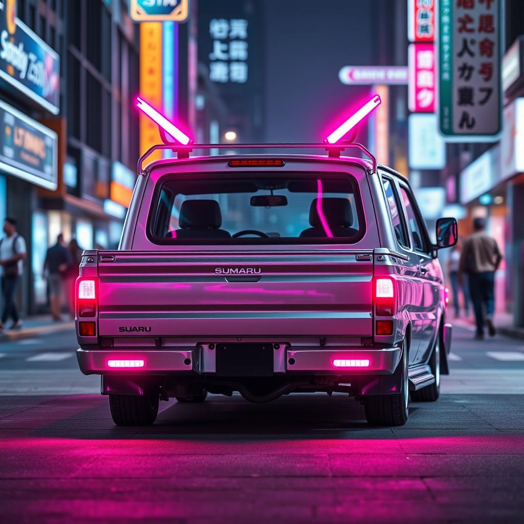 A sleek and shiny silver 1997 Subaru Sambar Japanese kei truck viewed from the rear side, featuring vibrant neon pink highlights