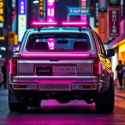 A sleek and shiny silver 1997 Subaru Sambar Japanese kei truck viewed from the rear side, featuring vibrant neon pink highlights