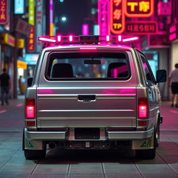 A sleek and shiny silver 1997 Subaru Sambar Japanese kei truck viewed from the rear side, showcasing vibrant neon pink highlights