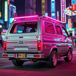 A sleek and shiny silver 1997 Subaru Sambar Japanese kei truck viewed from the rear side, showcasing vibrant neon pink highlights