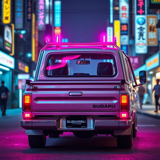 A sleek and shiny silver 1997 Subaru Sambar Japanese kei truck viewed from the rear side, showcasing vibrant neon pink highlights