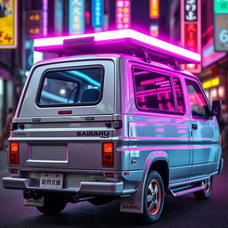 A sleek and shiny silver 1997 Subaru Sambar Japanese kei truck viewed from the rear side, showcasing vibrant neon pink highlights