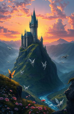 A mystical fantasy landscape featuring a towering, ancient castle perched atop a rocky cliff, surrounded by lush green valleys and a sparkling river flowing below