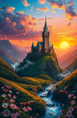 A mystical fantasy landscape featuring a towering, ancient castle perched atop a rocky cliff, surrounded by lush green valleys and a sparkling river flowing below