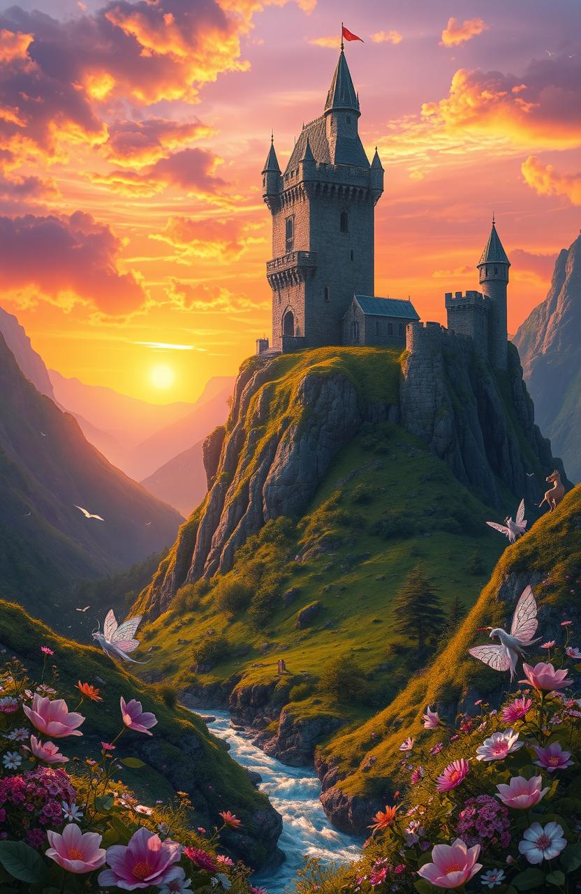 A mystical fantasy landscape featuring a towering, ancient castle perched atop a rocky cliff, surrounded by lush green valleys and a sparkling river flowing below