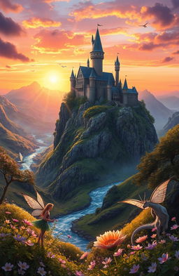 A mystical fantasy landscape featuring a towering, ancient castle perched atop a rocky cliff, surrounded by lush green valleys and a sparkling river flowing below