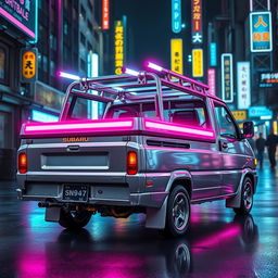 A sleek and shiny silver 1997 Subaru Sambar Japanese kei truck, captured from a rear side view, featuring stunning neon pink highlights that contrast with its metallic surface