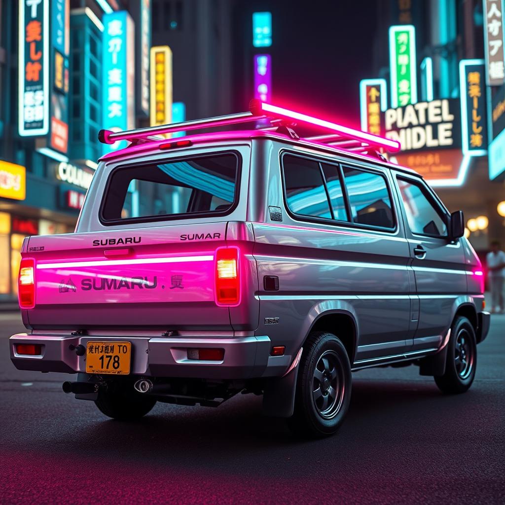 A sleek and shiny silver 1997 Subaru Sambar Japanese kei truck, captured from a rear side view, featuring stunning neon pink highlights that contrast with its metallic surface