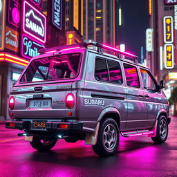 A sleek and shiny silver 1997 Subaru Sambar Japanese kei truck, captured from a rear side view, featuring stunning neon pink highlights that contrast with its metallic surface