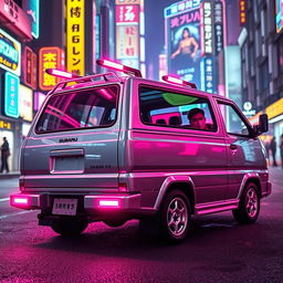 A sleek and shiny silver 1997 Subaru Sambar Japanese kei truck, captured from a rear side view, featuring stunning neon pink highlights that contrast with its metallic surface