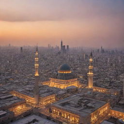 A bustling cityscape at sunset with towering skyscrapers and a beautiful mosque prominently placed in the foreground