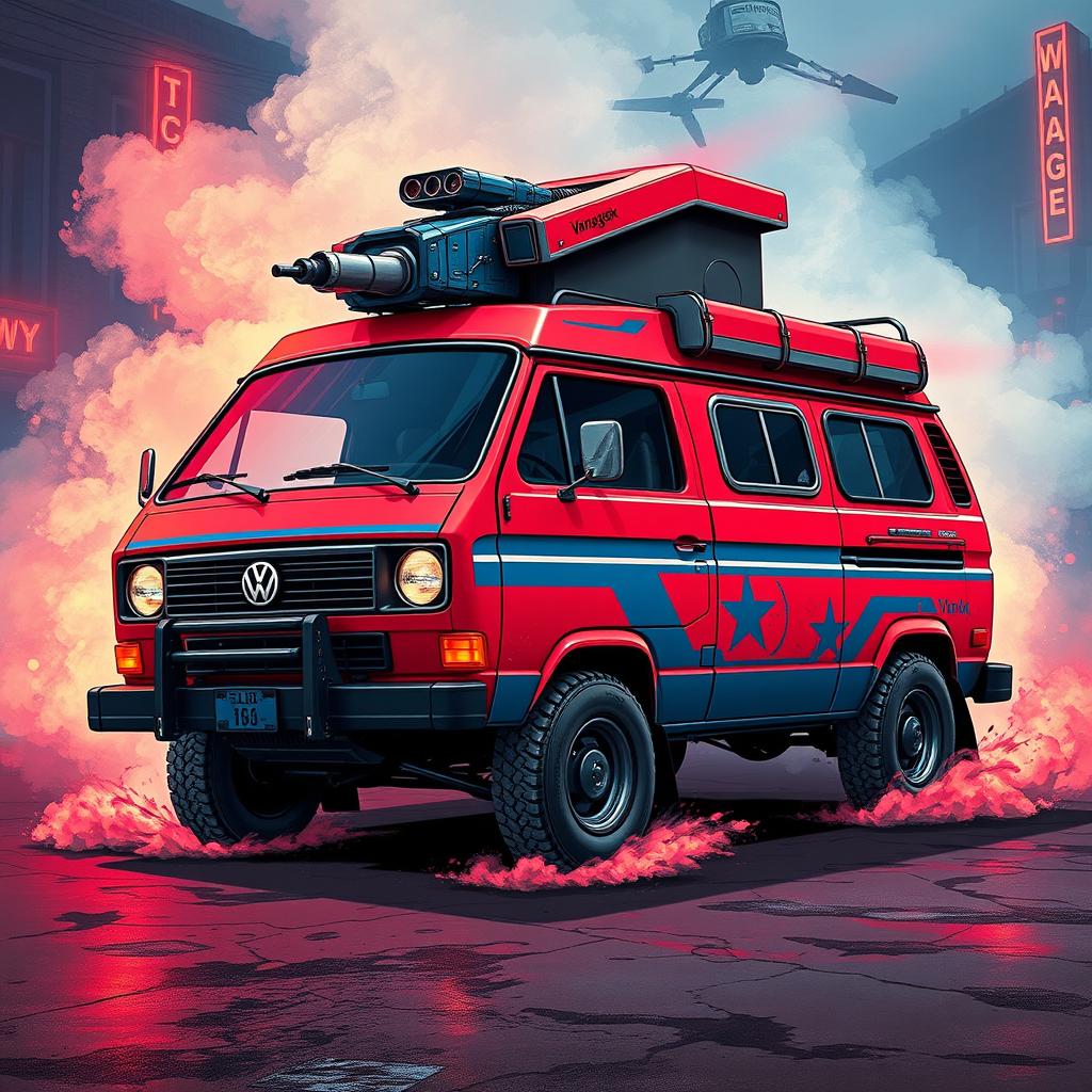 A rugged 1984 Volkswagen Vanagon in bold red and blue hues, featuring reinforced plating for durability