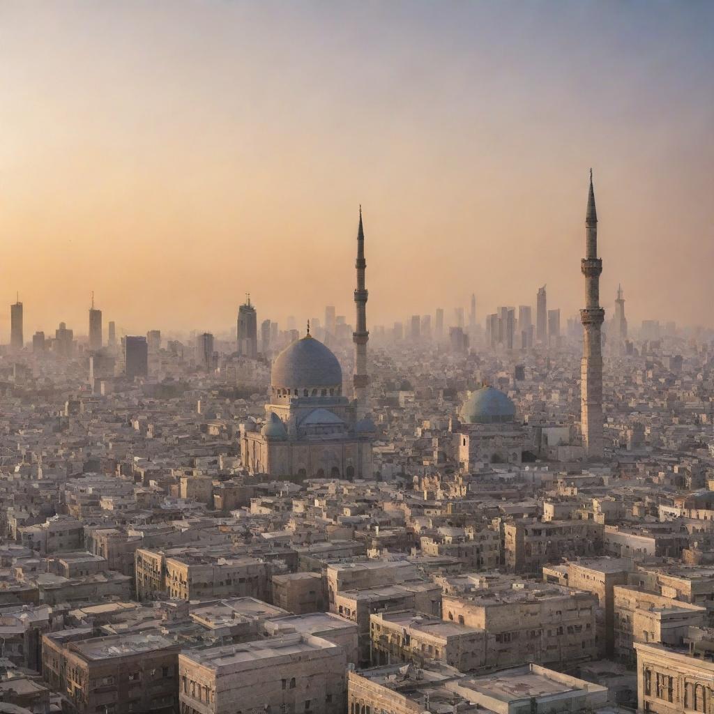 A bustling cityscape at sunset with towering skyscrapers and a beautiful mosque prominently placed in the foreground