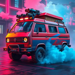 A rugged 1984 Volkswagen Vanagon in bold red and blue hues, featuring reinforced plating for durability