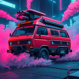 A rugged 1984 Volkswagen Vanagon in bold red and blue hues, featuring reinforced plating for durability