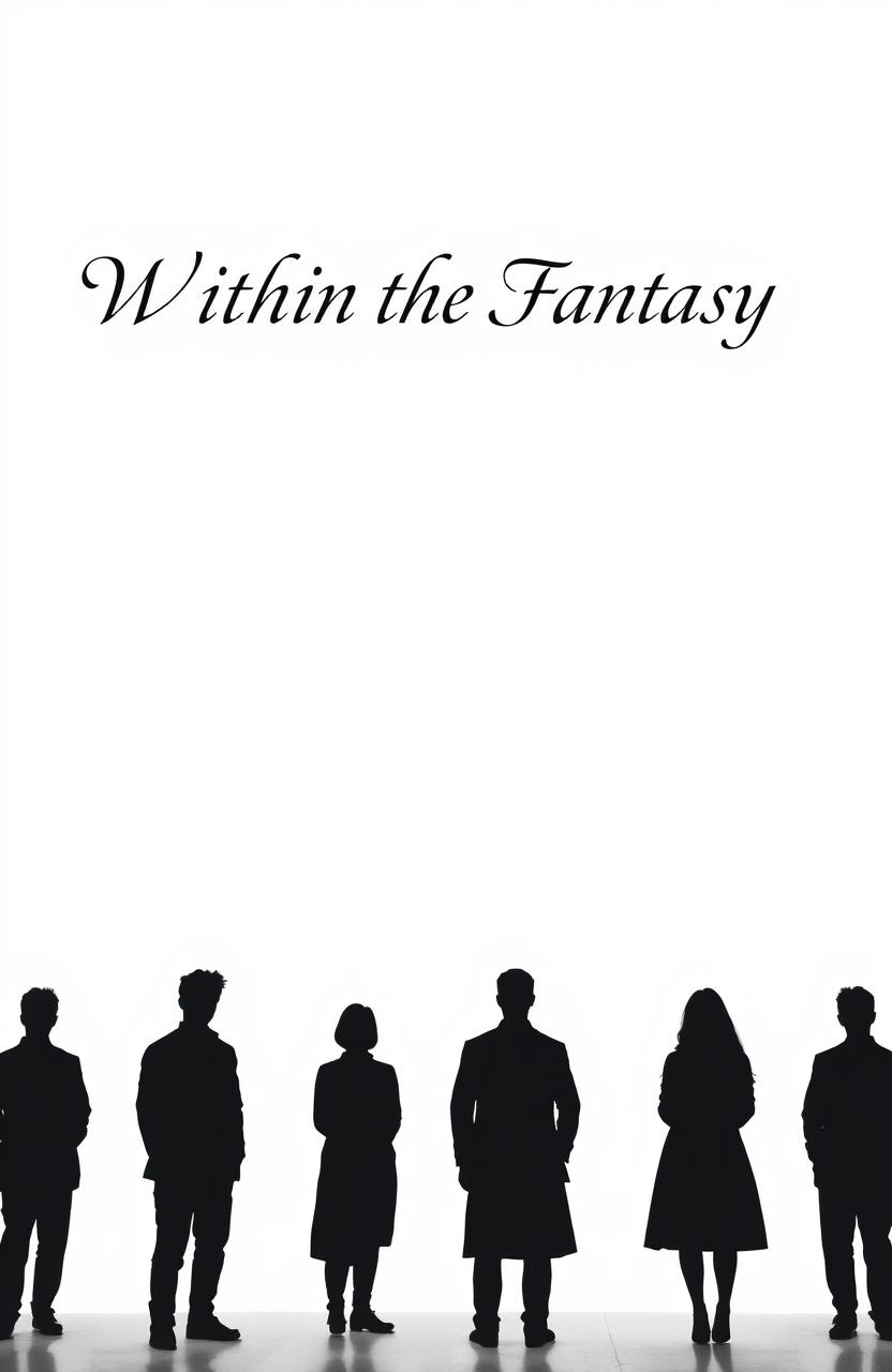 A vast, pure white space featuring seven individuals standing in a line, all depicted as silhouettes