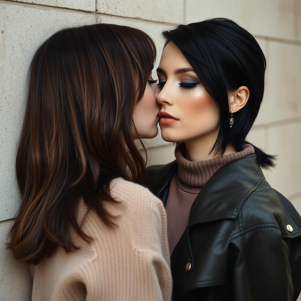 Two women kissing behind a wall