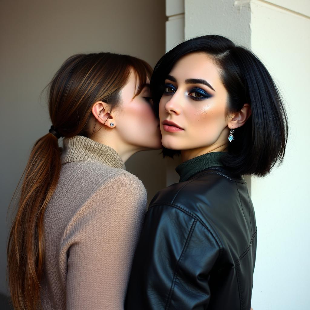 Two women kissing behind a wall