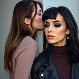 Two women kissing behind a wall