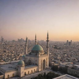 A bustling cityscape at sunset with towering skyscrapers and a beautiful mosque prominently placed in the foreground