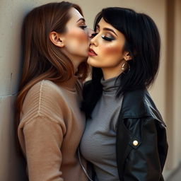 Two women kissing each other intimately behind a wall