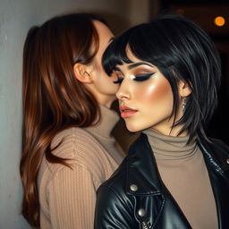 Two women kissing each other intimately behind a wall