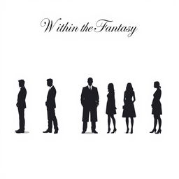 A vast, pure white space featuring seven individuals standing in a line, consisting of five men and two women, all depicted as silhouettes