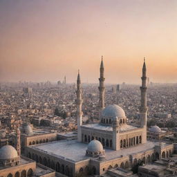 A bustling cityscape at sunset with towering skyscrapers and a beautiful mosque prominently placed in the foreground