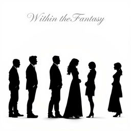 A vast, pure white space featuring seven individuals standing in a line, consisting of five men and two women, all depicted as silhouettes