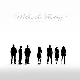 A vast, pure white space featuring seven individuals standing in a line, consisting of five men and two women, all depicted as silhouettes