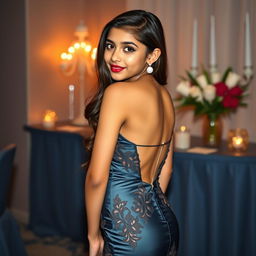 A stylish Indian teenage girl, approximately 14 years old, showcasing her confidence in a sexy lace appliques short prom dress with a bodycon fit, made from luxurious satin