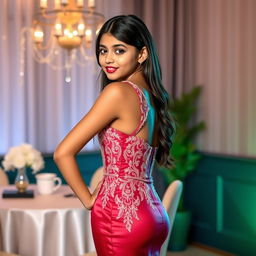 A stylish Indian teenage girl, approximately 14 years old, showcasing her confidence in a sexy lace appliques short prom dress with a bodycon fit, made from luxurious satin