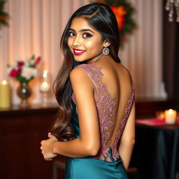 A stylish Indian teenage girl, approximately 14 years old, showcasing her confidence in a sexy lace appliques short prom dress with a bodycon fit, made from luxurious satin