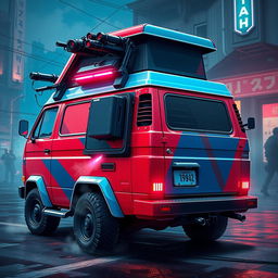 A rugged 1984 Volkswagen Vanagon in vibrant red and blue, featuring reinforced plating, viewed from the rear side