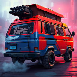 A rugged 1984 Volkswagen Vanagon in vibrant red and blue, featuring reinforced plating, viewed from the rear side