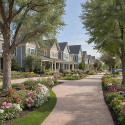 Envision a dreamlike community, featuring idyllic houses, blooming gardens, children playing, and friendly neighbors. The dynamic streets are filled with positivity, cleanliness, and creativity is in the air, creating a sense of harmony.