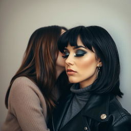 Two women passionately kissing behind a wall