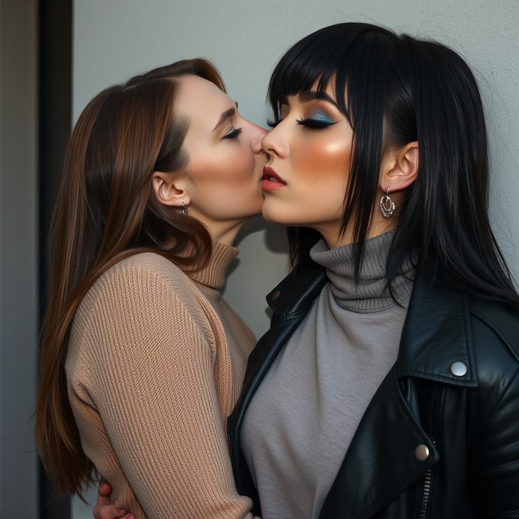 Two women passionately kissing behind a wall