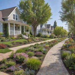 Envision a dreamlike community, featuring idyllic houses, blooming gardens, children playing, and friendly neighbors. The dynamic streets are filled with positivity, cleanliness, and creativity is in the air, creating a sense of harmony.